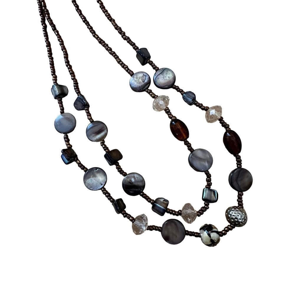 Brown Shell and Seed Bead Multi Strand Necklace